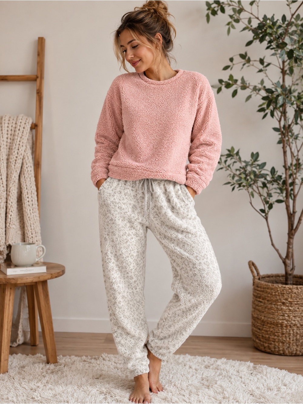 MUK LUKS Cozy Plush Fleece Lounge Set Pink & Ivory